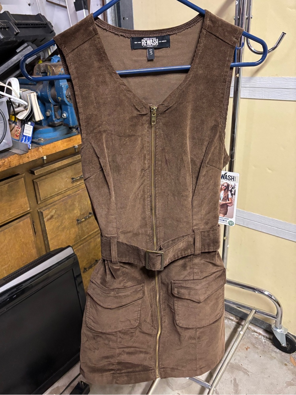REWASH Brown Corduroy Utility Romper with Belt